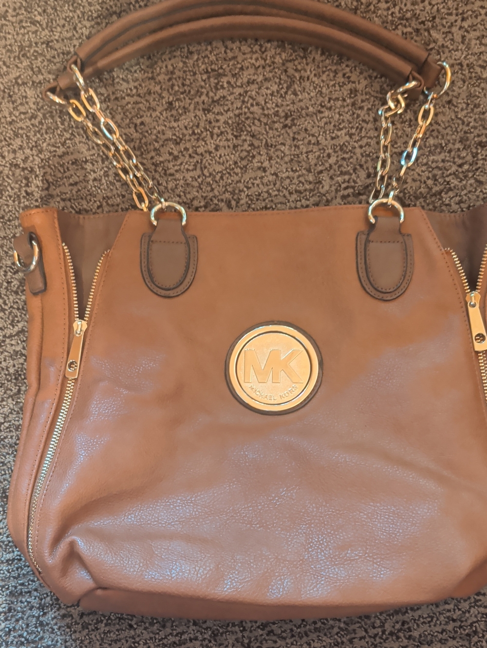 Michael Kors Cognac Leather Tote with Gold Chain Accents